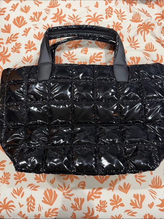 VeeCollective Handbags - Glossy Quilted Black Tote Bag with Top Handles